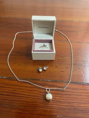 Pandora Retired Cultured Elegance Pearl Ring Earrings Necklace Set 925